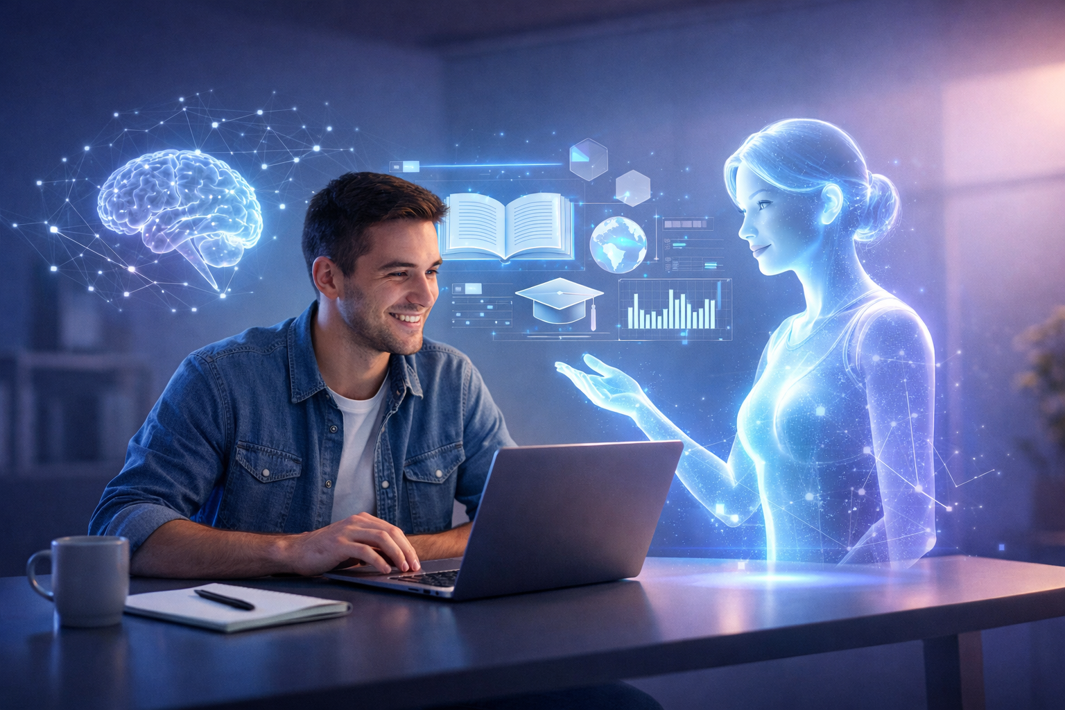 modern AI learning environment showing a person studying with a laptop, abstract knowledge flow, bright white background, blue and violet accent shapes, editorial website illustration. This image contains a large content card, soft gradient circles, and a clean tech-learning composition suited for a homepage hero section.